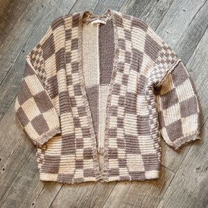 Altar'd State Plaid Oversized Knit Cardigan in Cream and Brown